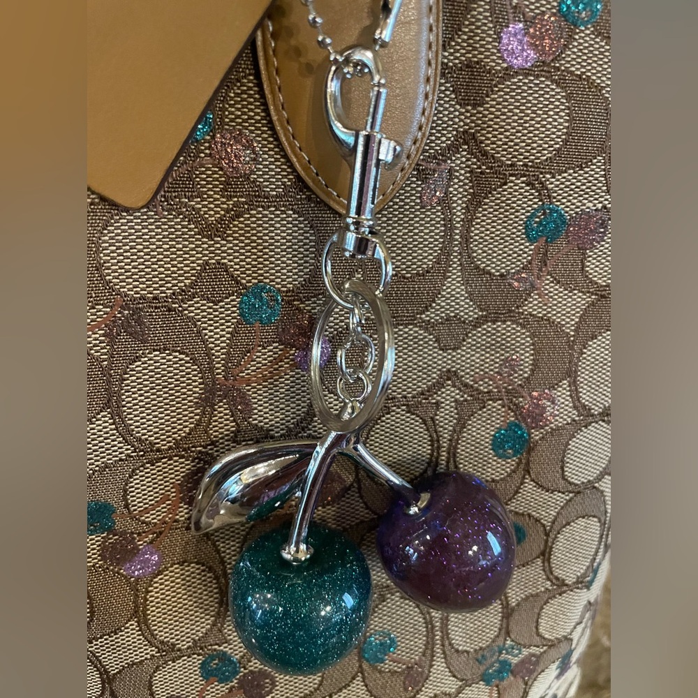 COACH LIKE NEW Tan Glitter Cherry Jacquard Large Tote W/Matching Wallet SET - Picture 4 of 17